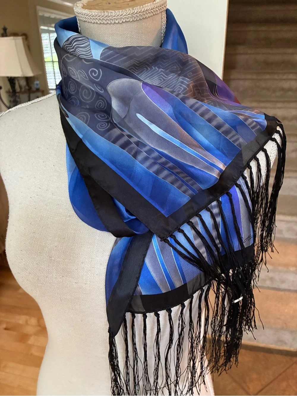 Laurel Burch Vibrant Blue and Black Horse Print Scarf